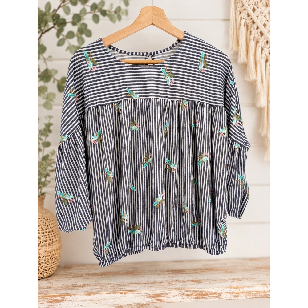 Time and Tru Top Blouse Women L Blue Striped Bird Print Smocked Bubble Hem